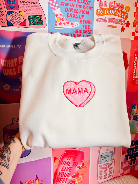 Mama Candy Heart Glitter Embroidered Crew
